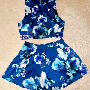 Blue Floral Two Piece Matching Skort & Crop Top Set - Medium
